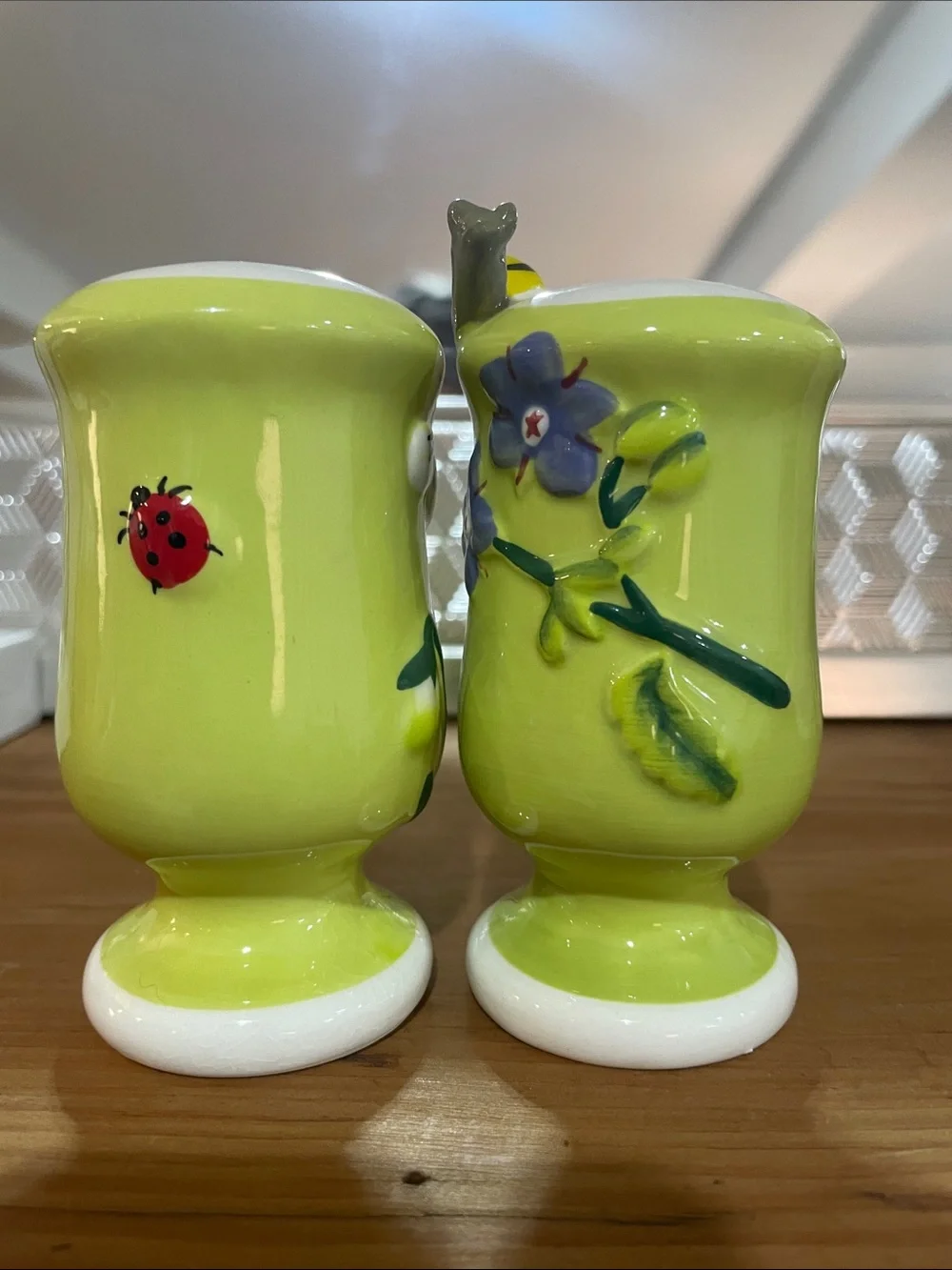 Anthropologie Hand-Painted Lime Green Floral Salt & Pepper Shaker Set